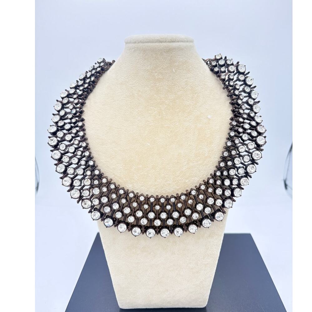 Vintage Rhinestone Bib Necklace, Darkened Bronze, Signed Script Logo